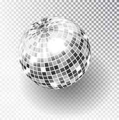 Mirror glitter disco ball vector illustration. Night Club party light element. Bright mirror silver ball design for disco dance club. Vector