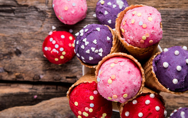 Ice cream, Berries ice cream scoop on wooden table. 
