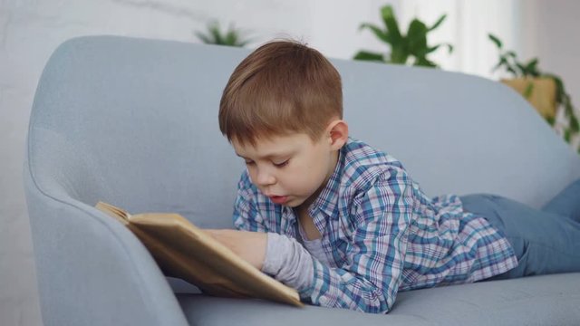 Cute little boy in casual clothes is reading funny book aloud lying on comfortable sofa and laughing. Happy childhood, preschool education and hobby concept.