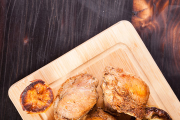 Plate with fried chicken and grilled vegetables. Zucchini and sweet potatoes