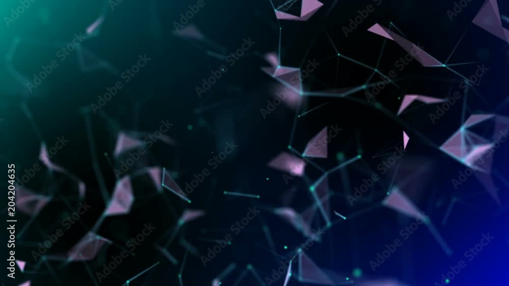 Poster machine learning. blue lines, green dots, pink triangles. plexus business kinesometografichesky back
