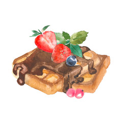 Delicious crispy Viennese waffles with berry and chocolate painting by watercolor on white background, hand drawn illustration