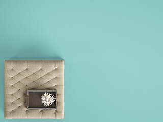 Classic tufted coffee table ottoman with decor on pastel blue color background with copy space. Flat lay