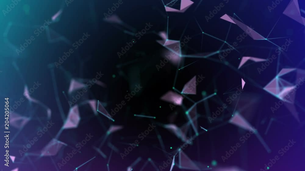 Poster machine learning. blue lines, green dots, pink triangles. plexus business kinesometografichesky back