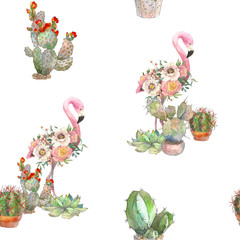 Seamless pattern exotic bright bird Flamingo with blooming flowers and cactus. Isolated decorative element. Watercolor bird concept. Tropical concept. flower concept © valeriyabtsk