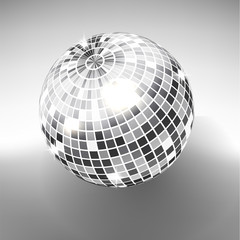 Disco ball isolated on grayscale background. Night Club party light element. Bright mirror silver ball design for disco dance club. Vector