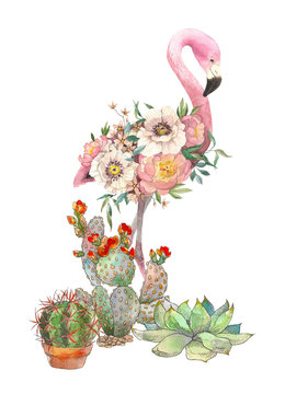 Exotic bright bird Flamingo with blooming flowers and succulents. Isolated decorative element. Watercolor bird concept. Tropical concept. flower concept