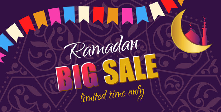 Ramadan Big Sale. Design horizontal web banner with beautiful crescent moon and color flag in golden and violet color. Vector Illustration for greeting card, flyer and voucher. 