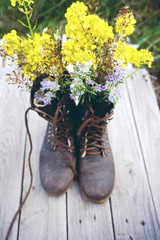 Botas viejas rellenas de flores al aire libre