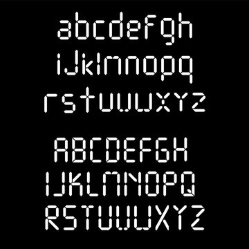 Digital font. Alarm clock letters. Numbers and letters set for a digital watch and other electronic devices. Vector alphabet isolated.