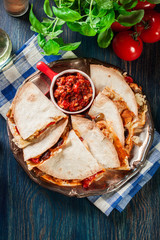 Mexican Quesadilla with chicken, sausage chorizo and red pepper