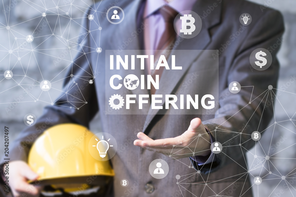 Poster businessman presses currencies button ico initial coin offering on a virtual digital electronic user