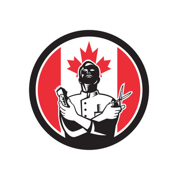 Icon Retro Style Illustration Of A Canadian Barber With Scissors And Hair Trimmer With Canada Maple Leaf Flag Set Inside Circle On Isolated Background.