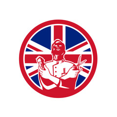 Icon retro style illustration of a British barber with scissors and hair trimmer  with United Kingdom UK, Great Britain Union Jack flag set inside circle on isolated background.