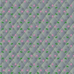 Beautiful vector floral pattern: pink and green leaves, black spirals on a geometric texture: a background of gray rhombuses. Lovely pastel texture, option for textiles, fabrics.