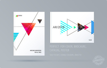 Brochure design triangular template. Colourful modern abstract set, annual report with triangles for branding.