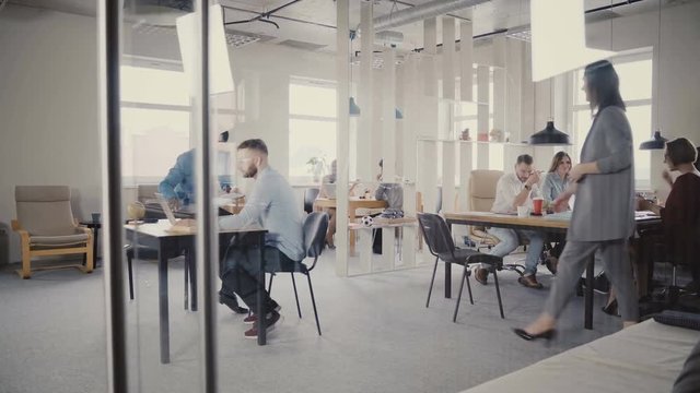 Dolly shot of happy mixed ethnicity office colleagues enjoying working at healthy office. View through glass wall 4K.