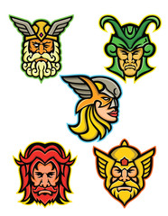 Mascot icon illustration set of heads of Norse gods such as Odin, Wodan, Woden or Wotangod, Loki, valkyrie warrior, Baldr, Balder or Baldur and Thor   on isolated background in retro style. - obrazy, fototapety, plakaty