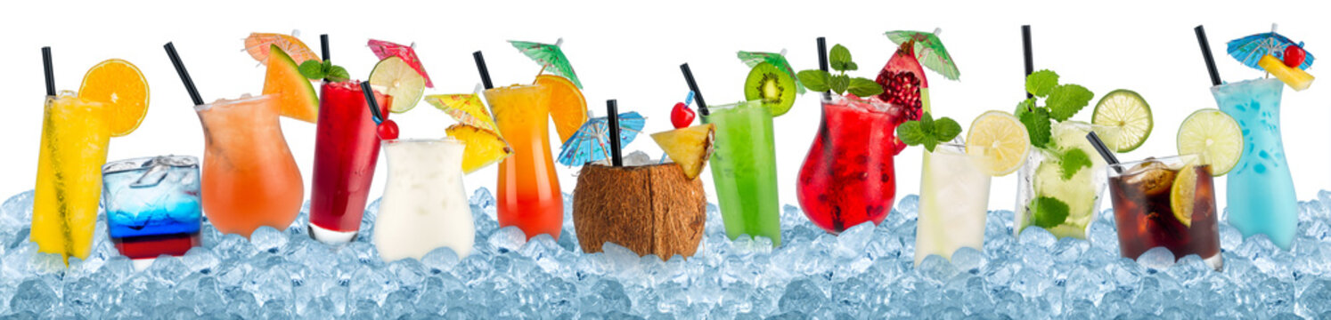 various colorful cocktails in crushed ice cubes isolated on white background beverages alcoholic drinks panorama banner