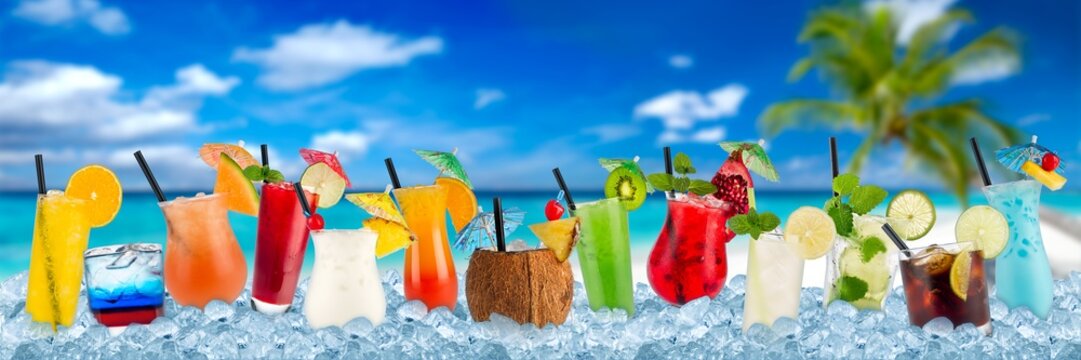 Various Colorful Cocktails In Crushed Ice Cubes Isolated On Palm Beach Backround Beverages Alcoholic Drinks Panorama Banner