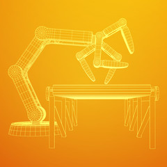 Obraz premium Robotic arm manufacture technology industry assembly mechanic hand and regular empty roller conveyor section wireframe low poly mesh vector illustration