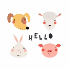 Zelfklevend Fotobehang Hand drawn vector illustration of a cute funny farm animal faces, with lettering quote Hello. Isolated objects. Scandinavian style flat design. Concept for children print. © Maria Skrigan