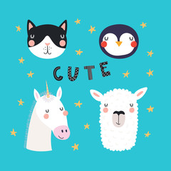 Hand drawn vector illustration of a cute funny animal faces, with lettering quote Cute. Isolated objects. Scandinavian style flat design. Concept for children print.