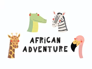 Sierkussen Hand drawn vector illustration of a cute funny animal faces, with lettering quote African adventure. Isolated objects. Scandinavian style flat design. Concept for children print. © Maria Skrigan