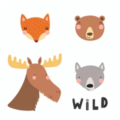 Zelfklevend Fotobehang Hand drawn vector illustration of a cute funny forest animal faces, with lettering quote Wild. Isolated objects. Scandinavian style flat design. Concept for children print. © Maria Skrigan