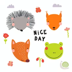 Sierkussen Hand drawn vector illustration of a cute funny forest animal faces, with flowers, butterflies, snail, lettering Nice day. Isolated objects. Scandinavian style flat design. Concept for children print. © Maria Skrigan