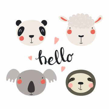 Hand drawn vector illustration of a cute funny animal faces, with lettering quote Hello. Isolated objects. Scandinavian style flat design. Concept for children print.