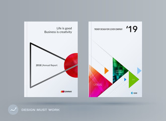 Brochure design triangular template. Colourful modern abstract set, annual report with triangles for branding.