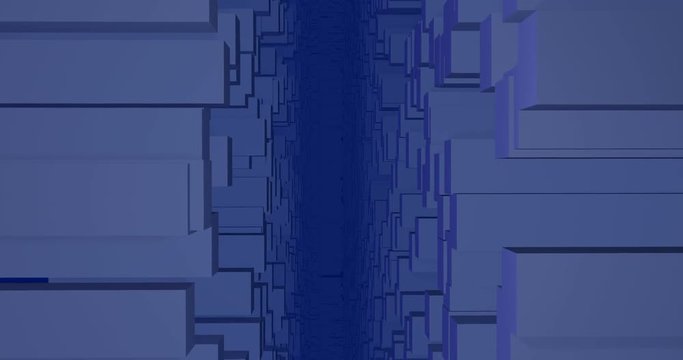 Stylized cubic 3d city , buildings, sky scrapers in blue fog, Vertical camera movement. 3d animation