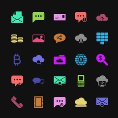 Modern Simple Colorful Set of money, cloud and networking, chat and messenger, mobile, email Vector fill Icons. Contains such Icons as  and more on dark background. Fully Editable. Pixel Perfect