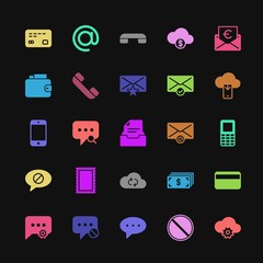 Modern Simple Colorful Set of money, cloud and networking, chat and messenger, mobile, email Vector fill Icons. Contains such Icons as  and more on dark background. Fully Editable. Pixel Perfect