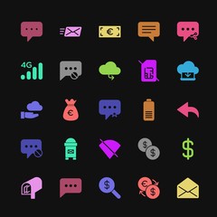 Modern Simple Colorful Set of money, cloud and networking, chat and messenger, mobile, email Vector fill Icons. Contains such Icons as  and more on dark background. Fully Editable. Pixel Perfect