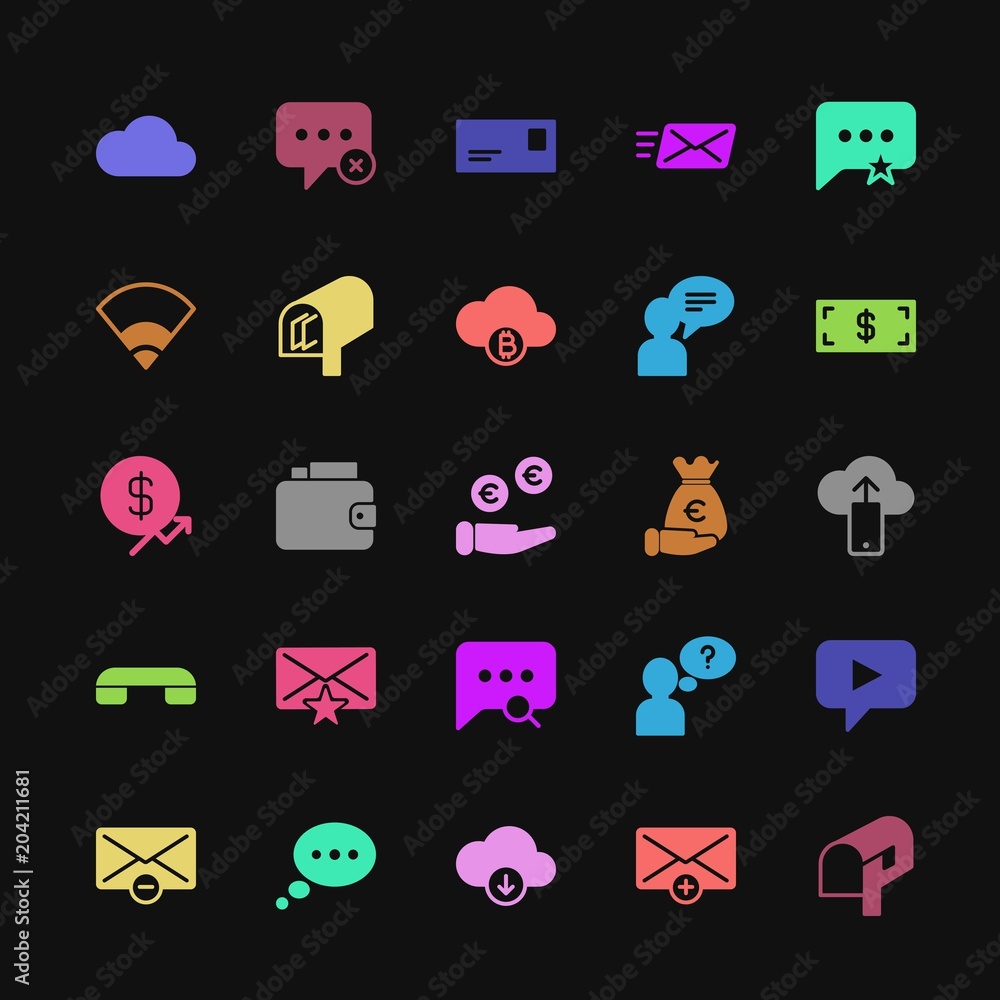 Poster modern simple colorful set of money, cloud and networking, chat and messenger, mobile, email vector 
