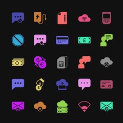Modern Simple Colorful Set of money, cloud and networking, chat and messenger, mobile, email Vector fill Icons. Contains such Icons as  and more on dark background. Fully Editable. Pixel Perfect