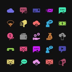 Modern Simple Colorful Set of money, cloud and networking, chat and messenger, mobile, email Vector fill Icons. Contains such Icons as  and more on dark background. Fully Editable. Pixel Perfect