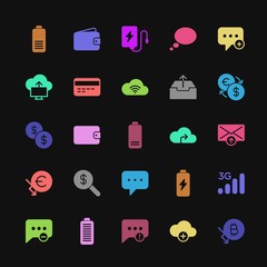 Modern Simple Colorful Set of money, cloud and networking, chat and messenger, mobile, email Vector fill Icons. Contains such Icons as  and more on dark background. Fully Editable. Pixel Perfect