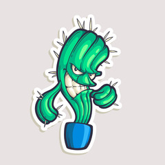 Vector color sticker for teen with funny cartoon character. Hand drawn illustration with cool smiling cactus in comics style