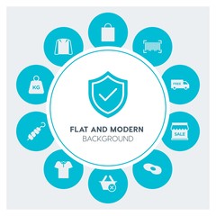 food, clothes, shopping Infographic Circle fill Icons Set. Contains such Icons as  business,  website,  elements,  background,  pattern,  banner,  slider,  polo and more. Fully Editable. Pixel Perfect