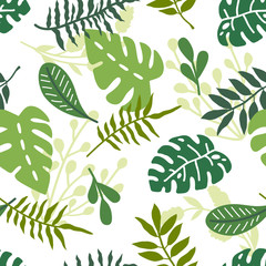 Vector nautical seamless background pattern with hand drawn beautiful leaves, plants, flowers
