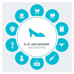 food, clothes, shopping Infographic Circle fill Icons Set. Contains such Icons as  business,  website,  elements,  background,  pattern,  banner,  slider, vest and more. Fully Editable. Pixel Perfect