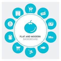 food, clothes, shopping Infographic Circle fill Icons Set. Contains such Icons as  business,  website,  elements,  background,  pattern,  banner,  slider,  buy and more. Fully Editable. Pixel Perfect