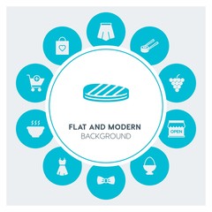 food, clothes, shopping Infographic Circle fill Icons Set. Contains such Icons as  business,  website,  elements,  background,  pattern,  banner,  slider,  girl and more. Fully Editable. Pixel Perfect