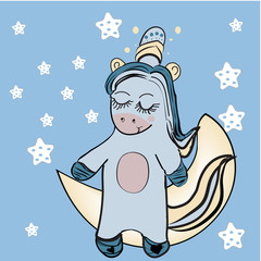 Night sky composition with Unicorn Roses stars and moon crescent isolated , background. Festive background or greeting card. Pastel goth palette. Cute girly art. EPS10 vector illustration, banner