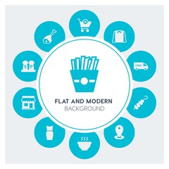 food, clothes, shopping Infographic Circle fill Icons Set. Contains such Icons as  business,  website,  elements,  background,  pattern,  banner,  slider,  beef and more. Fully Editable. Pixel Perfect