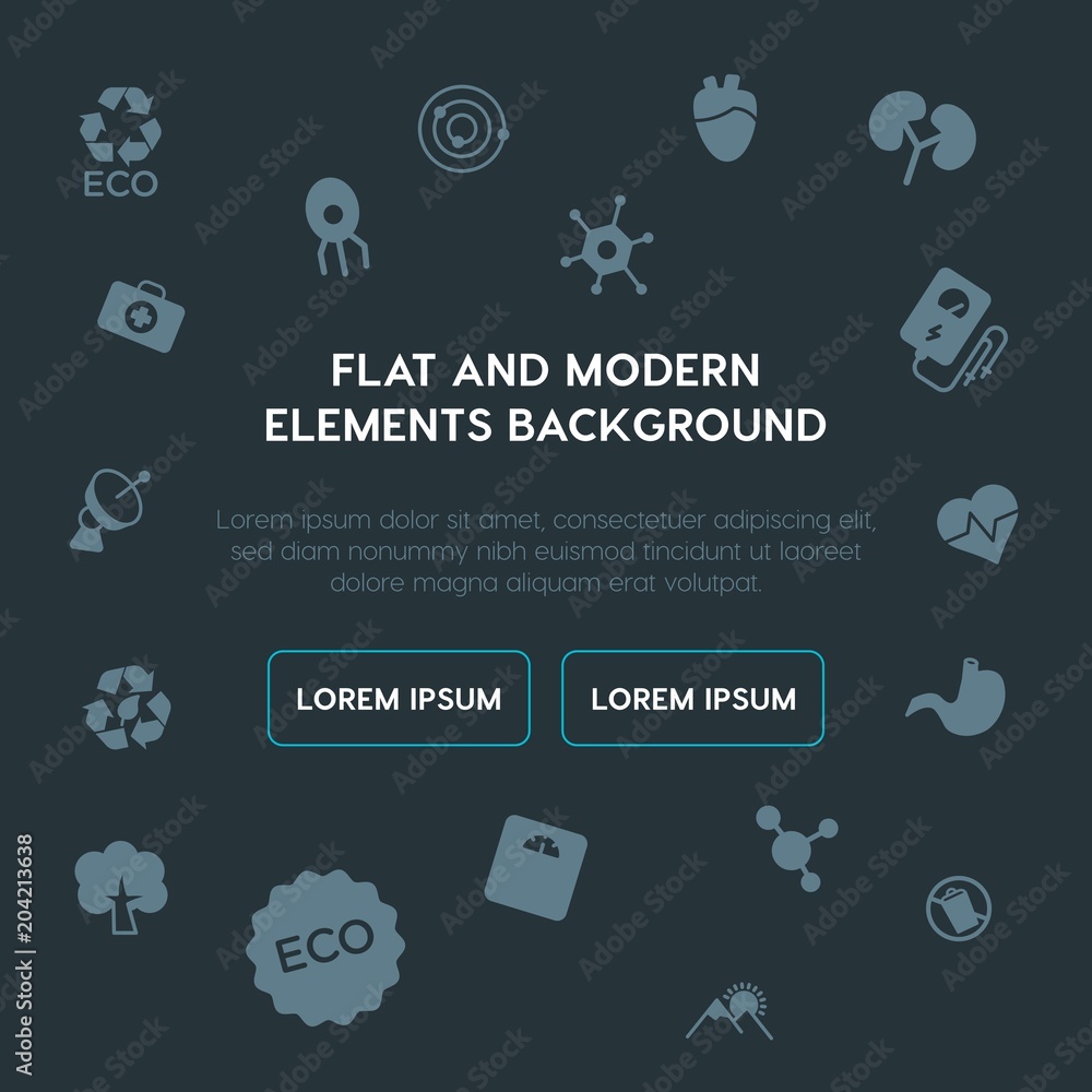 Poster health, science, nature fill vector icons and elements background concept on dark background.multipu