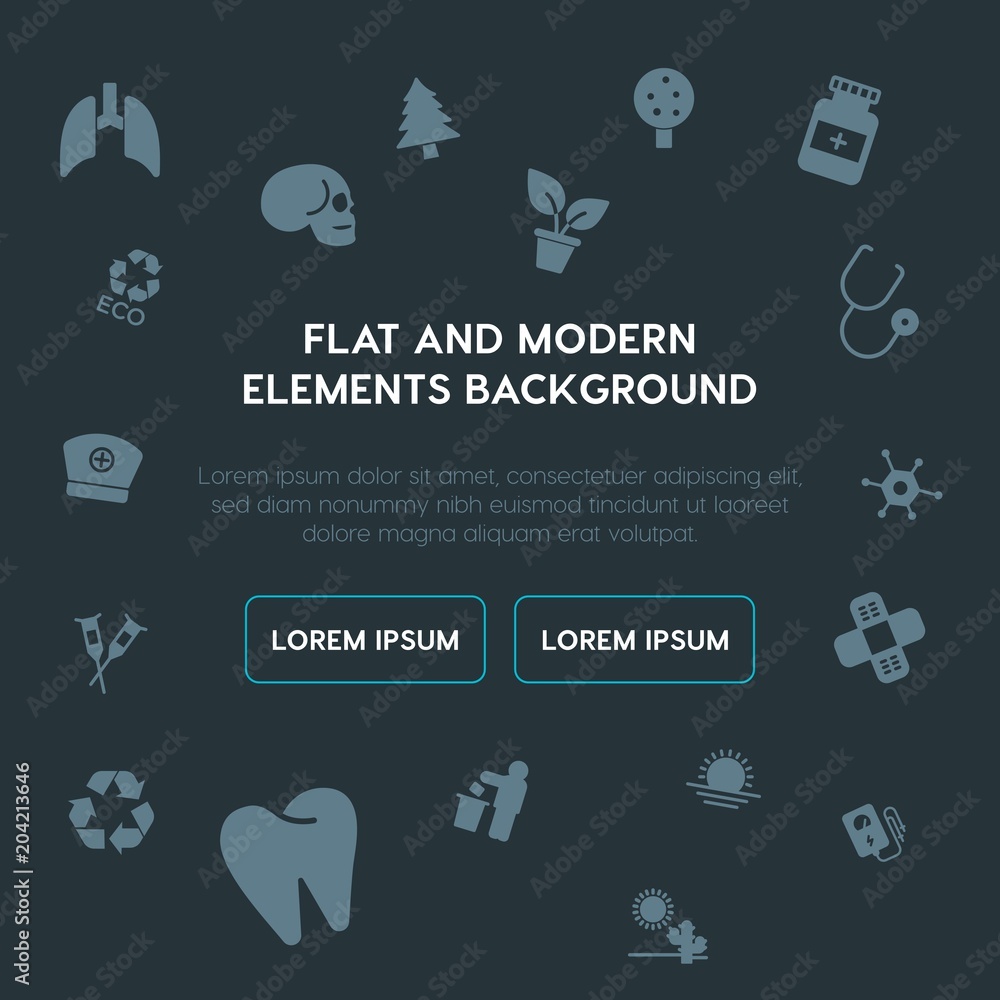 Poster health, science, nature fill vector icons and elements background concept on dark background.multipu